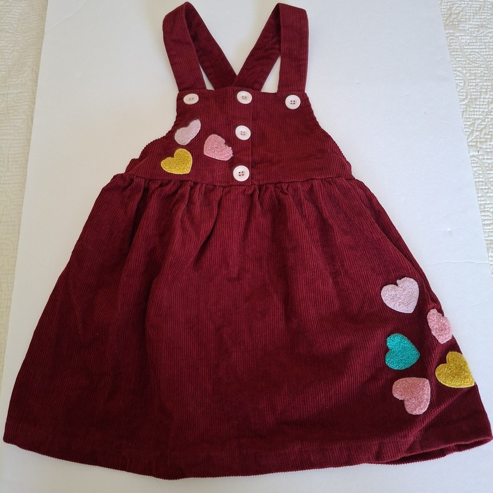 Blueberi Boulevard 3T Burgundy Corduroy Jumper Dress Multi-Color Hearts Pinafore